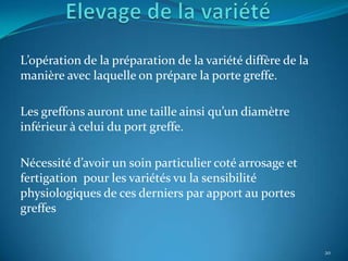 L’opération de la préparation de la variété diffère de la
manière avec laquelle on prépare la porte greffe.

Les greffons auront une taille ainsi qu’un diamètre
inférieur à celui du port greffe.

Nécessité d’avoir un soin particulier coté arrosage et
fertigation pour les variétés vu la sensibilité
physiologiques de ces derniers par apport au portes
greffes


                                                            20
 
