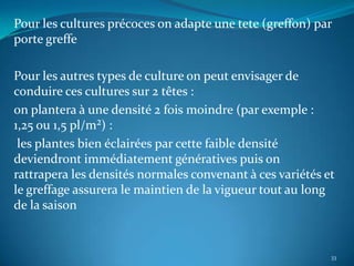 Pour les cultures précoces on adapte une tete (greffon) par
porte greffe

Pour les autres types de culture on peut envisager de
conduire ces cultures sur 2 têtes :
on plantera à une densité 2 fois moindre (par exemple :
1,25 ou 1,5 pl/m²) :
 les plantes bien éclairées par cette faible densité
deviendront immédiatement génératives puis on
rattrapera les densités normales convenant à ces variétés et
le greffage assurera le maintien de la vigueur tout au long
de la saison


                                                           33
 