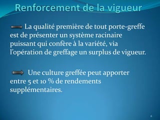 La qualité première de tout porte-greffe
est de présenter un système racinaire
puissant qui confère à la variété, via
l’opération de greffage un surplus de vigueur.

      Une culture greffée peut apporter
entre 5 et 10 % de rendements
supplémentaires.


                                                 6
 