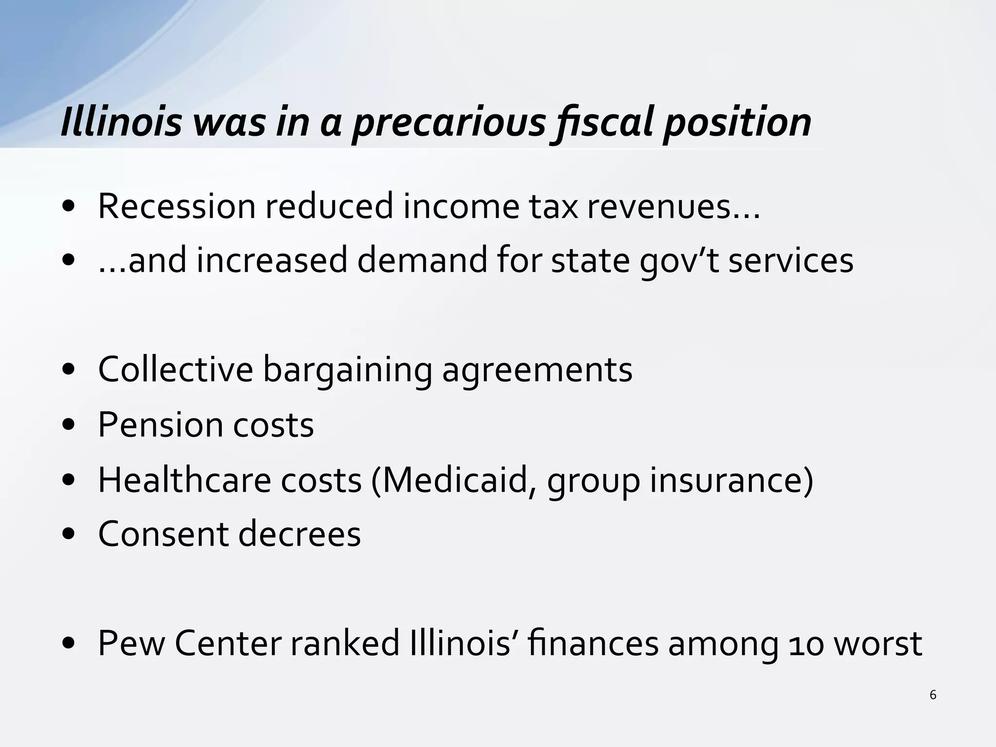•  Recession	
  reduced	
  income	
  tax	
  revenues…	
  
•  …and	
  increased	
  demand	
  for	
  state	
  gov’t	
  services	
  
•  Collective	
  bargaining	
  agreements	
  
•  Pension	
  costs	
  
•  Healthcare	
  costs	
  (Medicaid,	
  group	
  insurance)	
  
•  Consent	
  decrees	
  
•  Pew	
  Center	
  ranked	
  Illinois’	
  ﬁnances	
  among	
  10	
  worst	
  
Illinois	
  was	
  in	
  a	
  precarious	
  ﬁscal	
  position	
  
6	
  
 