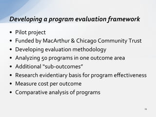 •  Pilot	
  project	
  
•  Funded	
  by	
  MacArthur	
  &	
  Chicago	
  Community	
  Trust	
  
•  Developing	
  evaluation	
  methodology	
  
•  Analyzing	
  50	
  programs	
  in	
  one	
  outcome	
  area	
  
•  Additional	
  “sub-­‐outcomes”	
  
•  Research	
  evidentiary	
  basis	
  for	
  program	
  eﬀectiveness	
  
•  Measure	
  cost	
  per	
  outcome	
  
•  Comparative	
  analysis	
  of	
  programs	
  
Developing	
  a	
  program	
  evaluation	
  framework	
  
19	
  
 