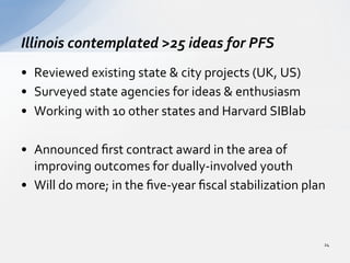 •  Reviewed	
  existing	
  state	
  &	
  city	
  projects	
  (UK,	
  US)	
  
•  Surveyed	
  state	
  agencies	
  for	
  ideas	
  &	
  enthusiasm	
  
•  Working	
  with	
  10	
  other	
  states	
  and	
  Harvard	
  SIBlab	
  
•  Announced	
  ﬁrst	
  contract	
  award	
  in	
  the	
  area	
  of	
  
improving	
  outcomes	
  for	
  dually-­‐involved	
  youth	
  
•  Will	
  do	
  more;	
  in	
  the	
  ﬁve-­‐year	
  ﬁscal	
  stabilization	
  plan	
  
Illinois	
  contemplated	
  >25	
  ideas	
  for	
  PFS	
  
24	
  
 