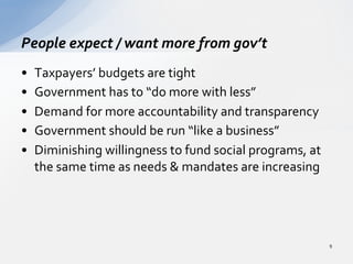 •  Taxpayers’	
  budgets	
  are	
  tight	
  
•  Government	
  has	
  to	
  “do	
  more	
  with	
  less”	
  
•  Demand	
  for	
  more	
  accountability	
  and	
  transparency	
  
•  Government	
  should	
  be	
  run	
  “like	
  a	
  business”	
  
•  Diminishing	
  willingness	
  to	
  fund	
  social	
  programs,	
  at	
  
the	
  same	
  time	
  as	
  needs	
  &	
  mandates	
  are	
  increasing	
  
People	
  expect	
  /	
  want	
  more	
  from	
  gov’t	
  
9	
  
 