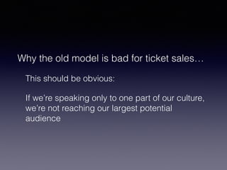 Why the old model is bad for ticket sales… 
This should be obvious: 
If we’re speaking only to one part of our culture, 
we’re not reaching our largest potential 
audience 
 