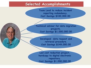 Selected Accomplishments
       Team Lead to reduce incident
          reporting redundancy.
        Cost Savings $100,000.00



     Technical advisor for data migration
                  projects.
        Cost Savings $1,000,000.00


        Developed data request and
            retrieval procedure.
         Cost Savings $149,000.00


        Led cost reduction project,
       hardcopy to digital electronic
                repository.
       Cost Savings $1,000,000.00
 