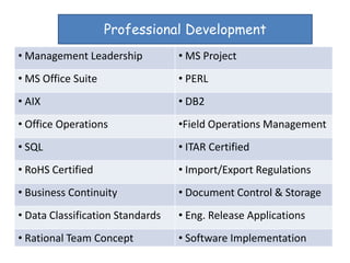 Professional Development
• Management Leadership           • MS Project
• MS Office Suite                 • PERL
• AIX                             • DB2
• Office Operations               •Field Operations Management
• SQL                             • ITAR Certified
• RoHS Certified                  • Import/Export Regulations
• Business Continuity             • Document Control & Storage
• Data Classification Standards   • Eng. Release Applications
• Rational Team Concept           • Software Implementation
 