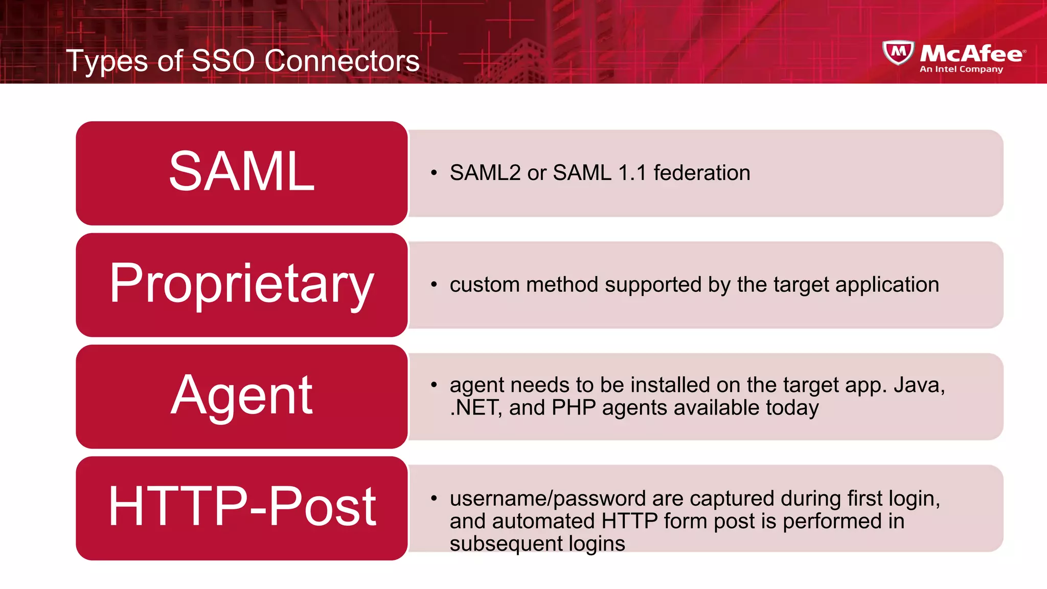 Types of SSO Connectors


      SAML                • SAML2 or SAML 1.1 federation




  Proprietary             • custom method supported by the target application




      Agent               • agent needs to be installed on the target app. Java,
                            .NET, and PHP agents available today




  HTTP-Post               • username/password are captured during first login,
                            and automated HTTP form post is performed in
                            subsequent logins
 