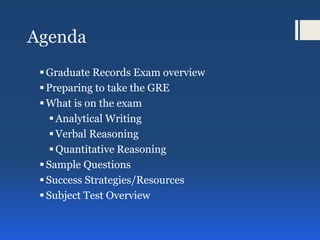 Agenda
Graduate Records Exam overview
Preparing to take the GRE
What is on the exam
Analytical Writing
Verbal Reasoning
Quantitative Reasoning
Sample Questions
Success Strategies/Resources
Subject Test Overview
 