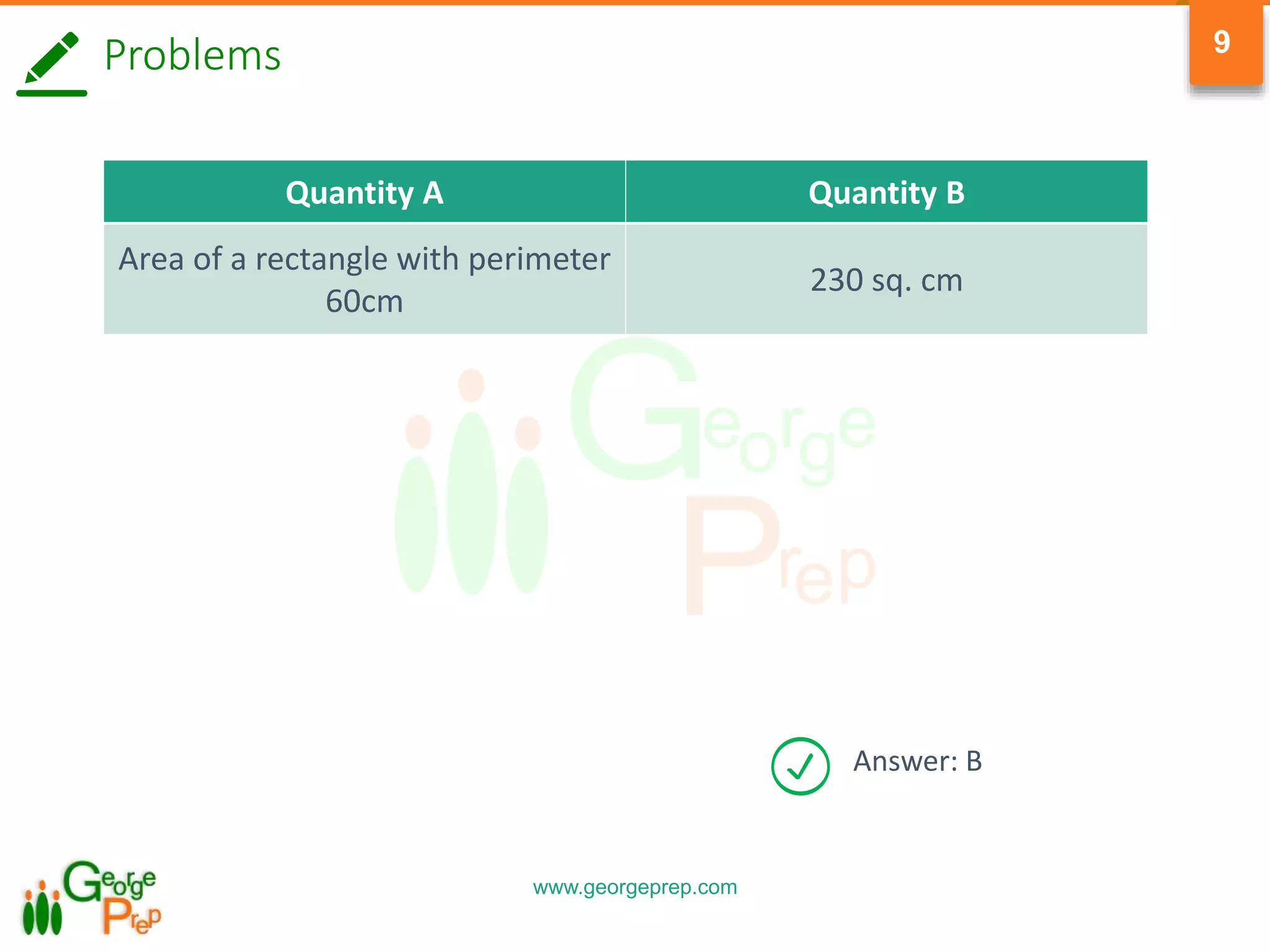 www.georgeprep.com
9
Answer: B
Quantity A Quantity B
Area of a rectangle with perimeter
60cm
230 sq. cm
Problems
 