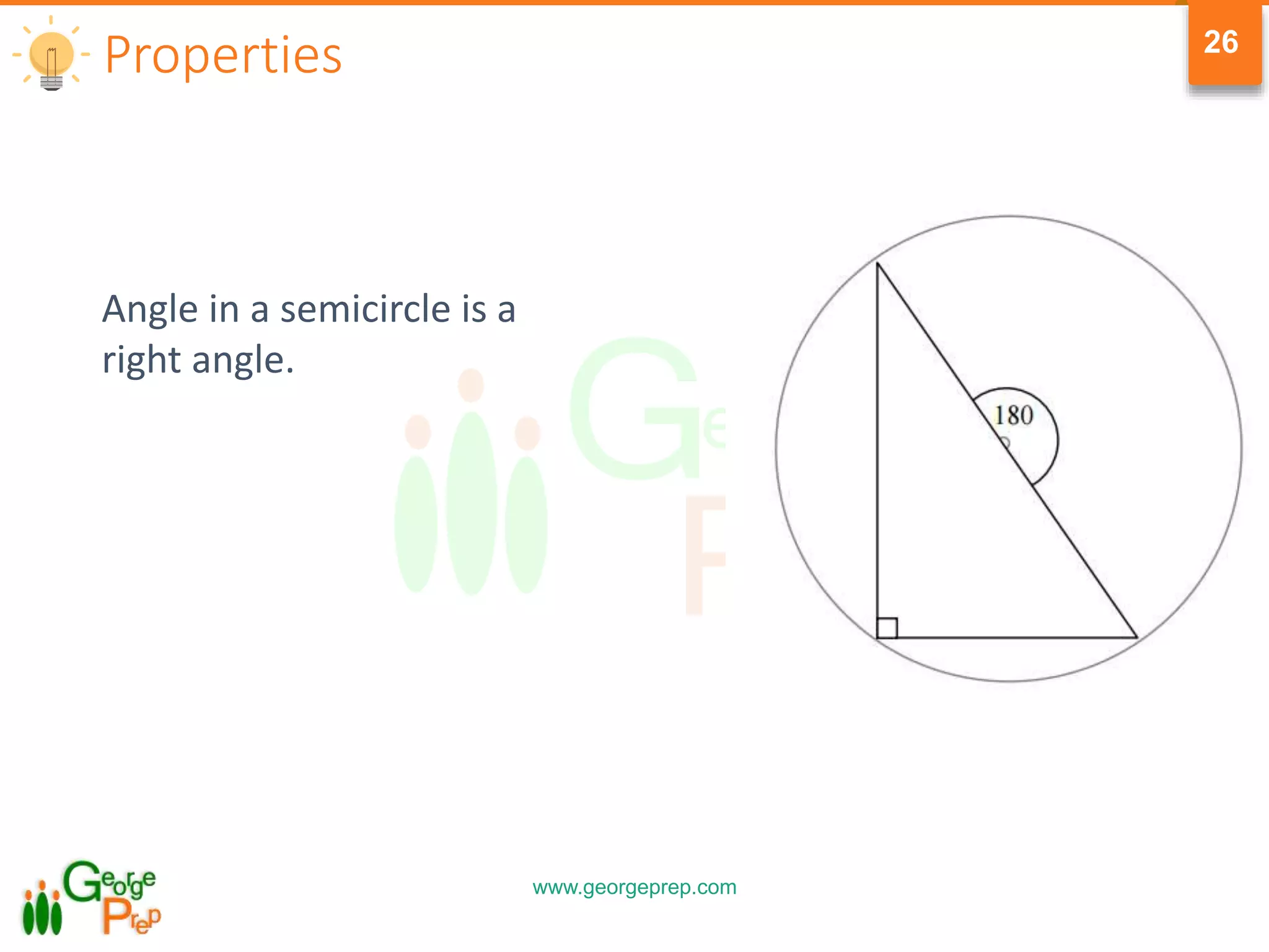 www.georgeprep.com
26
Properties
Angle in a semicircle is a
right angle.
 