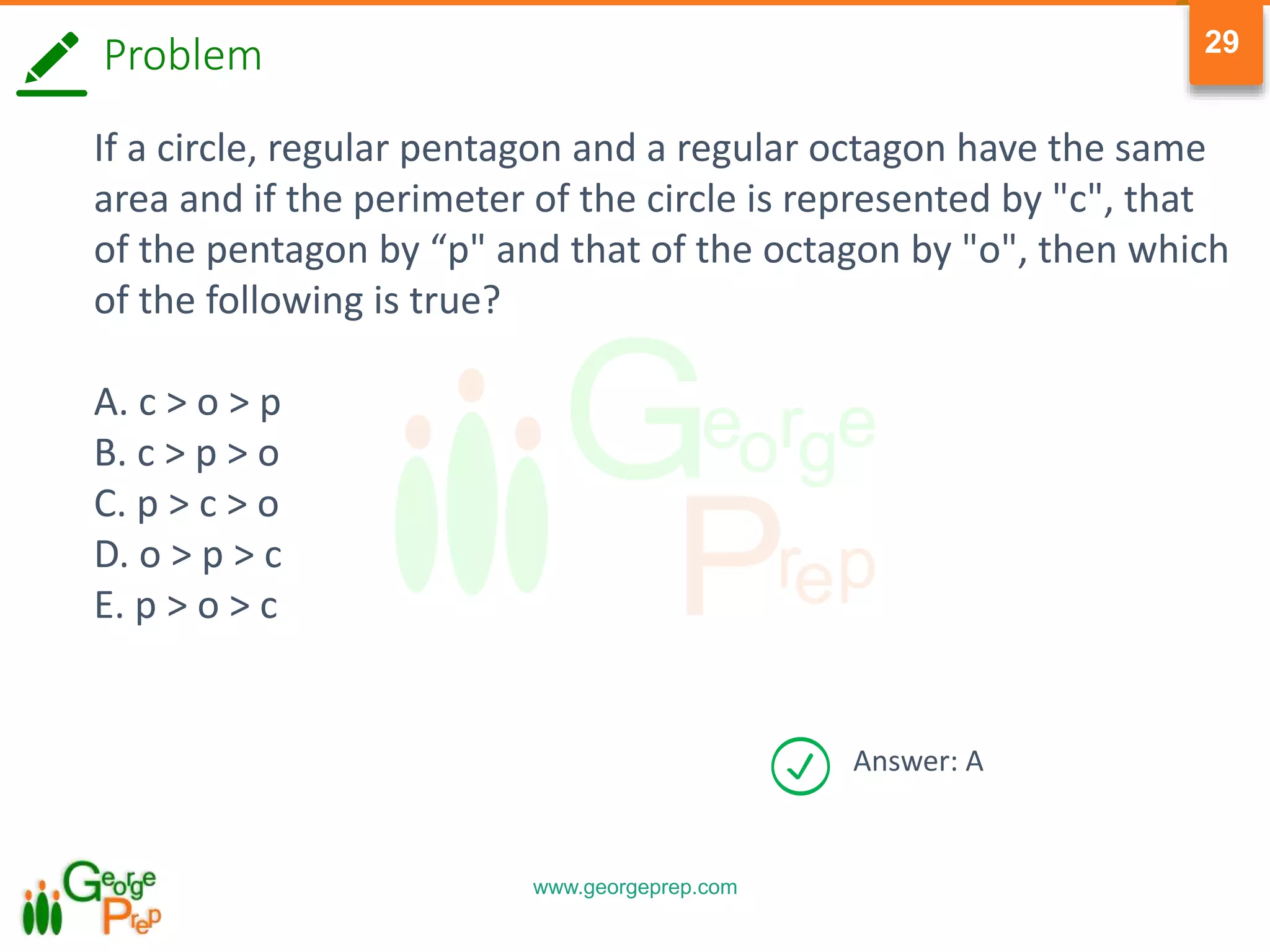 www.georgeprep.com
29
Problem
If a circle, regular pentagon and a regular octagon have the same
area and if the perimeter of the circle is represented by "c", that
of the pentagon by “p" and that of the octagon by "o", then which
of the following is true?
A. c > o > p
B. c > p > o
C. p > c > o
D. o > p > c
E. p > o > c
Answer: A
 