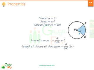 www.georgeprep.com
17
Properties
𝐷𝑖𝑎𝑚𝑒𝑡𝑒𝑟 = 2𝑟
𝐴𝑟𝑒𝑎 = 𝜋𝑟2
𝐶𝑖𝑟𝑐𝑢𝑚𝑓𝑒𝑟𝑒𝑛𝑐𝑒 = 2𝜋𝑟
𝐴𝑟𝑒𝑎 𝑜𝑓 𝑎 𝑠𝑒𝑐𝑡𝑜𝑟 =
𝜃
360
𝜋𝑟2
𝐿𝑒𝑛𝑔𝑡ℎ 𝑜𝑓 𝑡ℎ𝑒 𝑎𝑟𝑐 𝑜𝑓 𝑡ℎ𝑒 𝑠𝑒𝑐𝑡𝑜𝑟 =
𝜃
360
2𝜋𝑟
𝜃
 