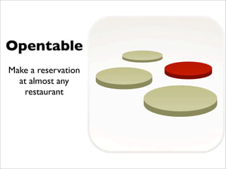 Opentable
Make a reservation
at almost any
restaurant
 