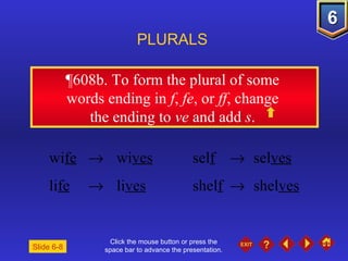 Click the mouse button or press the space bar to advance the presentation. ¶608b.  To form the plural of some  words ending in  f ,  fe , or  ff , change  the ending to  ve  and add  s .  PLURALS Slide 6-8 wi fe      wi ves sel f      sel ves li fe      li ves shel f      shel ves 