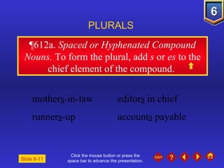 Click the mouse button or press the space bar to advance the presentation. ¶612a.   Spaced or Hyphenated Compound Nouns.  To form the plural, add  s  or  es  to the chief element of the compound.  PLURALS Slide 6-11 mother s -in-law editor s  in chief runner s -up account s  payable 