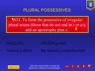 Click the mouse button or press the space bar to advance the presentation. ¶633.  To form the possessive of  irregular  plural nouns (those that do not end in  s  or  es ), add an apostrophe plus  s .  PLURAL POSSESSIVES Slide 6-25 men ’s  ties children ’s  toys women ’s  skirts the alumni ’s  contributions 