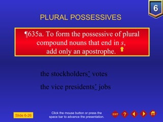 Click the mouse button or press the space bar to advance the presentation. ¶635a.  To form the possessive of plural compound nouns that end in  s ,  add only an apostrophe.  PLURAL POSSESSIVES Slide 6-26 the stockholders ’  votes  the vice presidents ’  jobs 