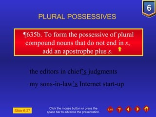 Click the mouse button or press the space bar to advance the presentation. ¶635b.  To form the possessive of plural compound nouns that do not end in  s ,  add an apostrophe plus  s .  PLURAL POSSESSIVES Slide 6-27 the editors in chief ’s  judgments  my sons-in-law ’s  Internet start-up 
