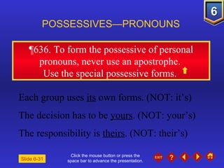 Click the mouse button or press the space bar to advance the presentation. ¶636.  To form the possessive of personal pronouns, never use an apostrophe.  Use the special possessive forms.  POSSESSIVES—PRONOUNS Slide 6-31 Each group uses  its  own forms. (NOT: it’s) The decision has to be  yours . (NOT: your’s) The responsibility is  theirs . (NOT: their’s) 