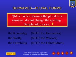 Click the mouse button or press the space bar to advance the presentation. ¶615c . When forming the plural of a surname, do not change the spelling.  Simply add  s  or  es .  SURNAMES—PLURAL FORMS  the Kennedy s (NOT: the Kennedies) the Wolf s (NOT: the Wolves) the Fairchild s (NOT: the Fairchildren) Slide 6-38 
