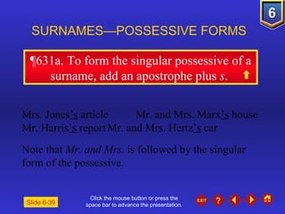 Click the mouse button or press the space bar to advance the presentation. ¶631a . To form the singular possessive of a surname, add an apostrophe plus  s .  SURNAMES—POSSESSIVE FORMS  Mrs. Jones ’s  article Mr. and Mrs. Marx ’s  house Mr. Harris ’s  report Mr. and Mrs. Hertz ’s  car Note that  Mr. and Mrs.  is followed by the singular form of the possessive. Slide 6-39 