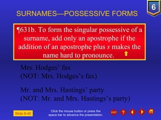 Click the mouse button or press the space bar to advance the presentation. ¶631b . To form the singular possessive of a surname, add only an apostrophe if the addition of an apostrophe plus  s  makes the name hard to pronounce.  SURNAMES—POSSESSIVE FORMS  Mrs. Hodges’ fax   (NOT: Mrs. Hodges’s fax) Mr. and Mrs. Hastings’ party (NOT: Mr. and Mrs. Hastings’s party) Slide 6-40 