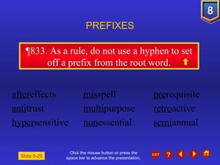 Click the mouse button or press the space bar to advance the presentation. ¶833 . As a rule, do not use a hyphen to set off a prefix from the root word. PREFIXES after effects mis spell pre requisite anti trust multi purpose retro active hyper sensitive non essential semi annual Slide 8-25 