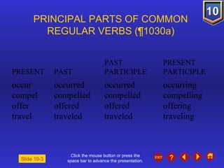 Click the mouse button or press the space bar to advance the presentation. PRINCIPAL PARTS OF COMMON  REGULAR VERBS ( ¶1030a)     PAST  PRESENT PRESENT  PAST  PARTICIPLE  PARTICIPLE occur occurred occurred occurring compel compelled compelled compelling offer offered offered offering travel traveled traveled traveling Slide 10-3 