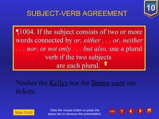 Click the mouse button or press the space bar to advance the presentation. ¶1004 . If the subject consists of two or more words connected by  or, either . . . or, neither . . . nor,  or  not only . . . but also,  use a plural verb if the two subjects  are each plural.  SUBJECT-VERB AGREEMENT Neither the  Kellys  nor the  Bonos   want  our tickets. Slide 10-25 