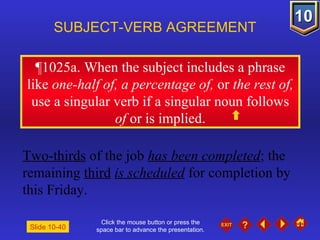 Click the mouse button or press the space bar to advance the presentation. ¶1025a . When the subject includes a phrase like  one-half of, a percentage of,  or  the rest of,  use a singular verb if a singular noun follows  of  or is implied. SUBJECT-VERB AGREEMENT Two-thirds  of the job  has been completed ; the remaining  third   is scheduled  for completion by this Friday. Slide 10-40 