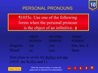 Click the mouse button or press the space bar to advance the presentation. ¶1055c . Use one of the following  forms when the personal pronoun  is the object of an infinitive. PERSONAL PRONOUNS FIRST  SECOND  THIRD PERSON PERSON PERSON Singular: me you him, her, it Plural: us you them Sam plans to invite the  Kellys  and  me . (NOT: the Kellys and I.) Slide 10-53 