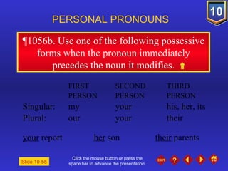 Click the mouse button or press the space bar to advance the presentation. ¶1056b . Use one of the following possessive forms when the pronoun immediately precedes the noun it modifies. PERSONAL PRONOUNS FIRST  SECOND  THIRD PERSON PERSON PERSON Singular: my your his, her, its Plural: our your their your  report her  son their  parents Slide 10-55 
