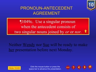 Click the mouse button or press the space bar to advance the presentation. ¶1049c .  Use a singular pronoun  when the antecedent consists of two singular nouns joined by  or  or  nor. PRONOUN-ANTECEDENT AGREEMENT Neither  Wendy  nor  Sue  will be ready to make  her  presentation before next Monday. Slide 10-65 