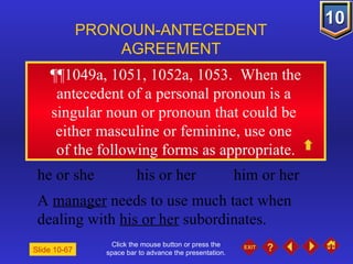 Click the mouse button or press the space bar to advance the presentation. ¶¶1049a, 1051, 1052a, 1053 .  When the antecedent of a personal pronoun is a  singular noun or pronoun that could be  either masculine or feminine, use one  of the following forms as appropriate. PRONOUN-ANTECEDENT AGREEMENT he or she his or her him or her  A  manager  needs to use much tact when dealing with  his or her  subordinates. Slide 10-67 