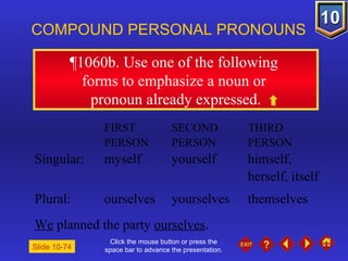 Click the mouse button or press the space bar to advance the presentation. ¶1060b . Use one of the following  forms to emphasize a noun or  pronoun already expressed. COMPOUND PERSONAL PRONOUNS FIRST  SECOND  THIRD PERSON PERSON PERSON Singular: myself yourself himself,  herself, itself Plural: ourselves yourselves themselves We  planned the party  ourselves . Slide 10-74 