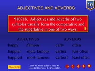 Click the mouse button or press the space bar to advance the presentation. ¶1071b.  Adjectives and adverbs of two syllables usually form the comparative and the superlative in one of two ways. ADJECTIVES AND ADVERBS Slide 10-96 ADJECTIVES ADVERBS happy famous early often happier more famous earlier less often happiest most famous earliest least often 