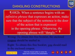Click the mouse button or press the space bar to advance the presentation. ¶1082b. When a sentence begins with an  infinitive phrase  that expresses an action, make sure that the subject of the sentence is the doer of the action that is expressed  in the opening phrase.  Otherwise, the  opening phrase will “dangle.” DANGLING CONSTRUCTIONS Slide 10-115 Wrong: To obtain this free booklet, the enclosed  coupon  should be mailed in. Right: To obtain this free booklet,  you  should mail in the enclosed coupon. 