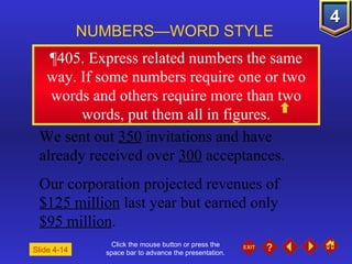 Click the mouse button or press the space bar to advance the presentation. ¶405.  Express related numbers the same way. If some numbers require one or two words and others require more than two words, put them all in figures. NUMBERS—WORD STYLE Slide 4-14 We sent out  350  invitations and have already received over  300  acceptances. Our corporation projected revenues of  $125 million  last year but earned only  $95 million . 