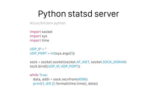 Python statsd server
#!/usr/bin/env python
import socket
import sys
import time
UDP_IP = ''
UDP_PORT = int(sys.argv[1])
so...