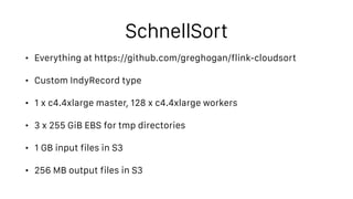 SchnellSort
• Everything at https://github.com/greghogan/flink-cloudsort
• Custom IndyRecord type
• 1 x c4.4xlarge master,...