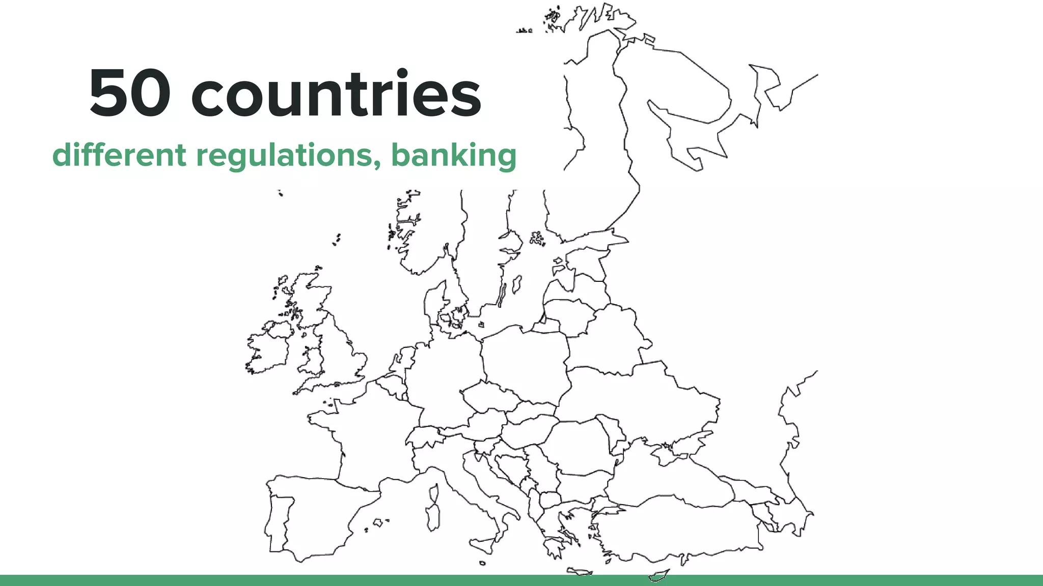 50 countries
different regulations, banking
 