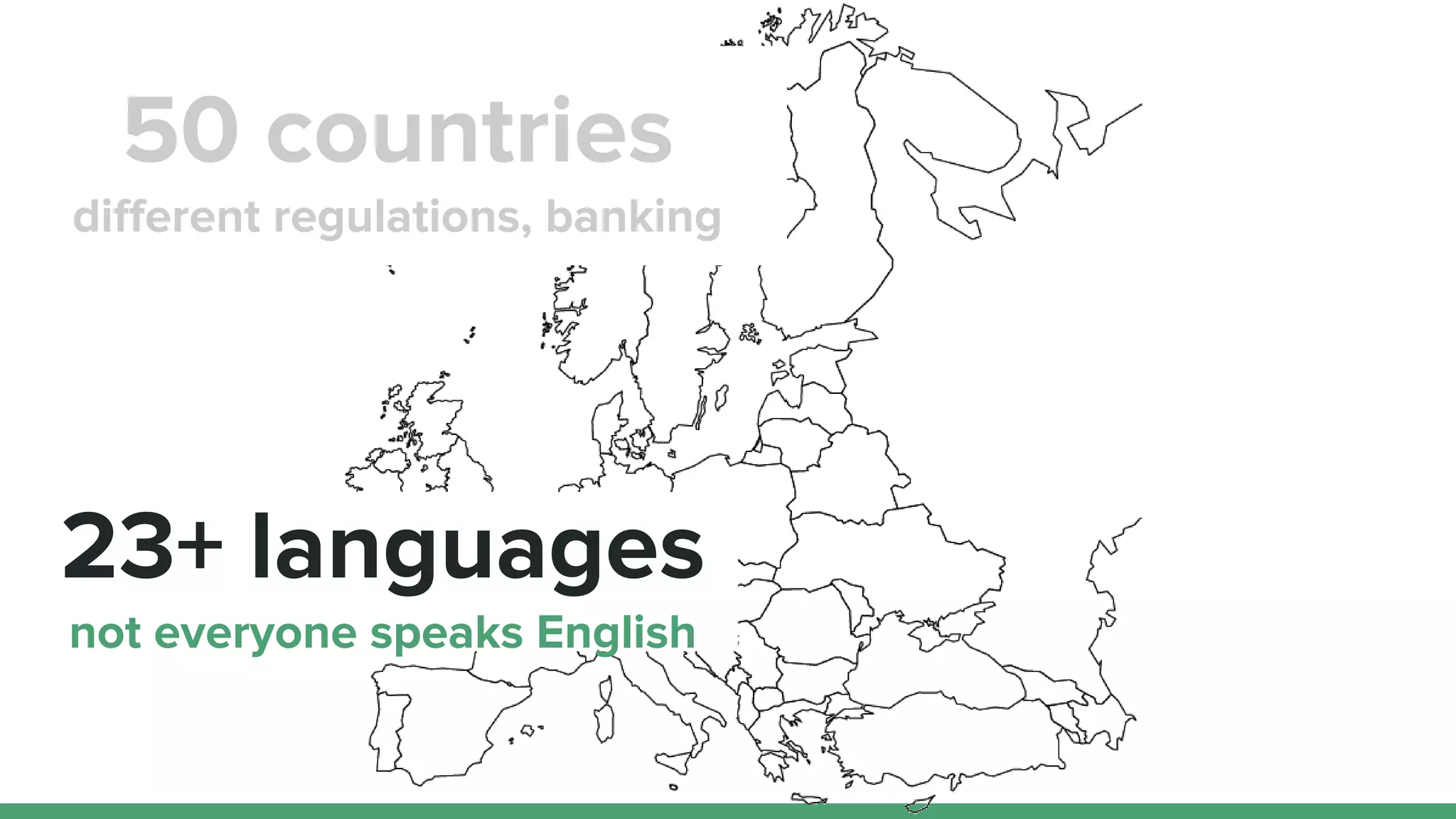 23+ languages
not everyone speaks English
50 countries
different regulations, banking
 