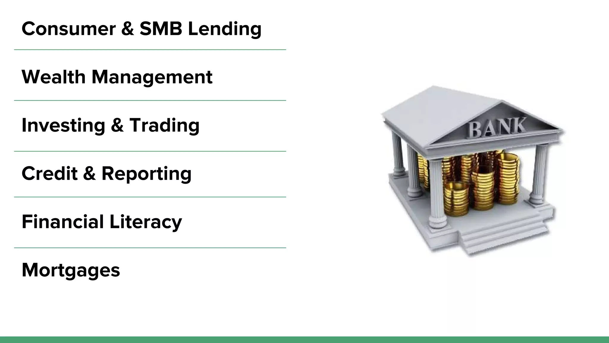 Consumer & SMB Lending
Wealth Management
Investing & Trading
Credit & Reporting
Financial Literacy
Mortgages
 