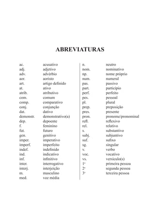 ABREVIATURAS

ac.         acusativo          n.      neutro
adj.        adjetivo           nom.    nominativo
adv.        advérbio           np.     nome próprio
aor.        aoristo            num.    numeral
art.        artigo definido    pas.    passivo
at.         ativo              part.   particípio
atrib.      atributivo         perf.   perfeito
com.        comum              pes.    pessoal
comp.       comparativo        pl.     plural
conj.       conjunção          prep.   preposição
dat.        dativo             pres.   presente
demonstr.   demonstrativo(a)   pron.   pronome/pronominal
dep.        depoente           refl.   reflexivo
f.          feminino           rel.    relativo
fut.        futuro             s.      substantivo
gen.        genitivo           subj.   subjuntivo
imper.      imperativo         suf.    sufixo
imperf.     imperfeito         sg.     singular
indef.      indefinido         v.      verbo
ind.        indicativo         voc.    vocativo
inf.        infinitivo         vs.     versículo(s)
inter.      interrogativo      1a      primeira pessoa
interj.     interjeição        2a      segunda pessoa
m.          masculino          3a      terceira pessoa
med.        voz média
 