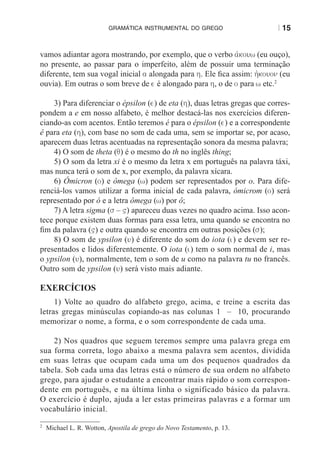 gramática instrumental do grego                   | 15


vamos adiantar agora mostrando, por exemplo, que o verbo ajkouw (eu ouço),
no presente, ao passar para o imperfeito, além de possuir uma terminação
diferente, tem sua vogal inicial a alongada para h. Ele fica assim: hjkouon (eu
ouvia). em outras o som breve de e é alongado para h, o de o para w etc.2

    3) Para diferenciar o épsilon (e) de eta (h), duas letras gregas que corres-
pondem a e em nosso alfabeto, é melhor destacá-las nos exercícios diferen-
ciando-as com acentos. então teremos é para o épsilon (e) e a correspondente
ê para eta (h), com base no som de cada uma, sem se importar se, por acaso,
aparecem duas letras acentuadas na representação sonora da mesma palavra;
    4) O som de theta (q) é o mesmo do th no inglês thing;
    5) O som da letra xi é o mesmo da letra x em português na palavra táxi,
mas nunca terá o som de x, por exemplo, da palavra xícara.
    6) Ómicron (o) e ômega (w) podem ser representados por o. Para dife-
renciá-los vamos utilizar a forma inicial de cada palavra, ómicrom (o) será
representado por ó e a letra ômega (w) por ô;
    7) A letra sigma (s – ) apareceu duas vezes no quadro acima. Isso acon-
tece porque existem duas formas para essa letra, uma quando se encontra no
fim da palavra () e outra quando se encontra em outras posições (s);
    8) O som de ypsilon (u) é diferente do som do iota (i) e devem ser re-
presentados e lidos diferentemente. O iota (i) tem o som normal de i, mas
o ypsilon (u), normalmente, tem o som de u como na palavra tu no francês.
Outro som de ypsilon (u) será visto mais adiante.

EXERCÍCIOS
     1) Volte ao quadro do alfabeto grego, acima, e treine a escrita das
letras gregas minúsculas copiando-as nas colunas 1 – 10, procurando
memorizar o nome, a forma, e o som correspondente de cada uma.

    2) Nos quadros que seguem teremos sempre uma palavra grega em
sua forma correta, logo abaixo a mesma palavra sem acentos, dividida
em suas letras que ocupam cada uma um dos pequenos quadrados da
tabela. Sob cada uma das letras está o número de sua ordem no alfabeto
grego, para ajudar o estudante a encontrar mais rápido o som correspon-
dente em português, e na última linha o significado básico da palavra.
O exercício é duplo, ajuda a ler estas primeiras palavras e a formar um
vocabulário inicial.
2
    Michael L. R. Wotton, Apostila de grego do Novo Testamento, p. 13.
 