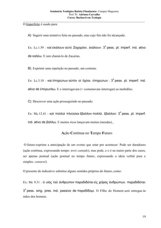 Seminário Teológico Batista Fluminense- Campus Mageense
Prof. Pr. Adriano Carvalho
Curso: Bacharel em Teologia
__________________________________________________________________________________________

O Imperfeito é usado para:
A) Sugerir uma tentativa feita no passado, mas cujo fim não foi alcançado.
a

Ex: Lc.1.59 : καὶ ἐκάλουν αὐτὸ Ζαχαρίαν. ἐκάλουν: 3 pess. pl. imperf. ind. ativo
de καλέω. E iam chamá-lo de Zacarias.
B) Exprimir uma repetição no passado, um costume.
a

Ex: Lc.3.10 : καὶ ἐπηρώτων αὐτὸν οἱ ὄχλοι. ἐπηρώτων : 3 pess. pl. imperf. ind.
ativo de ἐπερωτάω. E o interrogavam (= costumavam interrogar) as multidões.
C) Descrever uma ação prosseguindo no passado.
a

Ex: Mc.12.41 : καὶ πολλοὶ πλούσιοι ἔβαλλον πολλά. ἔβαλλον: 3 pess. pl. imperf.
ind. ativo de βάλλω. E muitos ricos lançavam muitas (moedas).

Ação Contínua no Tempo Futuro
O futuro exprime a antecipação de um evento que estar por acontecer. Pode ser duradouro
(ação contínua, expressando tempo: terei cantado), mas pode, e o é na maior parte dos casos,
ser apenas pontual (ação pontual no tempo futuro, expressando a ideia verbal pura e
simples: cantarei).
O presente do indicativo substitui alguns sentidos próprios do futuro, como:
Ex: Mc 9.31 : ὁ υἱὸς τοῦ ἀνθρώπον παραδιδόται εἰς χεῖρας ἀνθρώπων. παραδιδόται:
a

3 pess. sing. pres. ind. passivo de παραδίδομι. O Filho do Homem será entregue às
mãos dos homens.

19

 