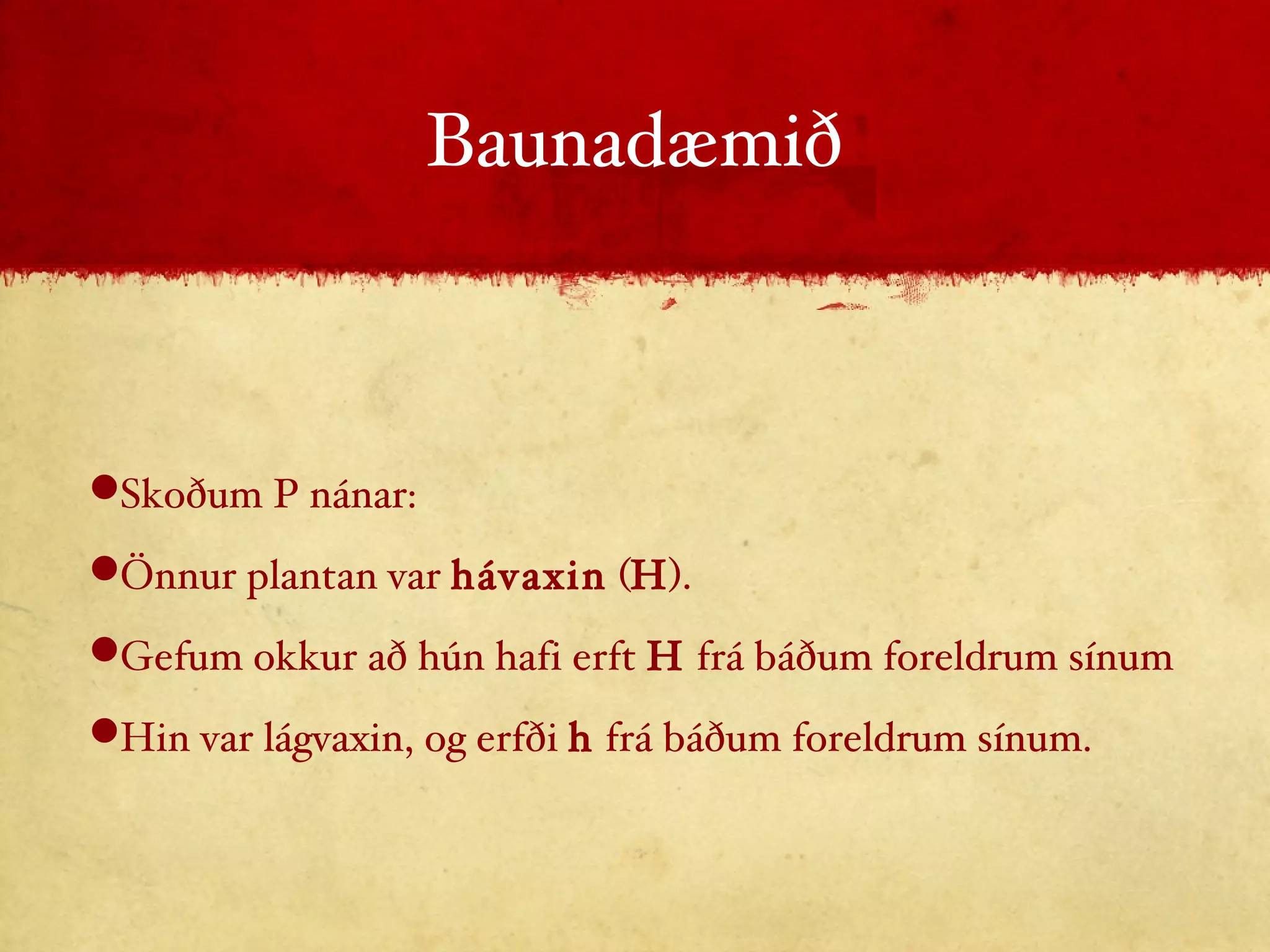 Baunadæmið Skoðum P nánar: Önnur plantan var  hávaxin  ( H ).  Gefum okkur að hún hafi erft  H  frá báðum foreldrum sínum Hin var lágvaxin, og erfði  h  frá báðum foreldrum sínum. 