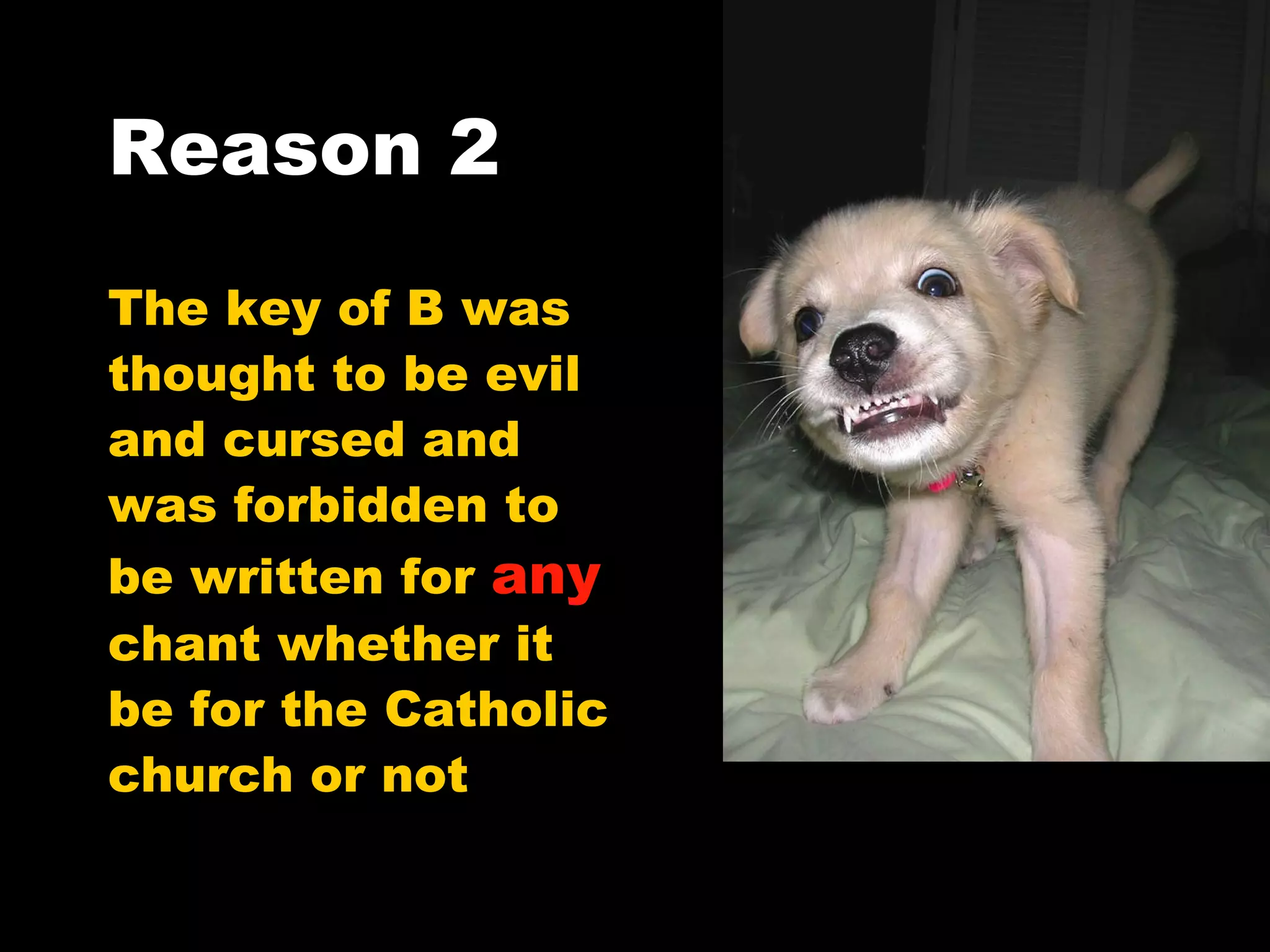 Reason 2 The key of B was  thought to be evil  and cursed and  was forbidden to  be written for  any   chant whether it  be for the Catholic  church or not 