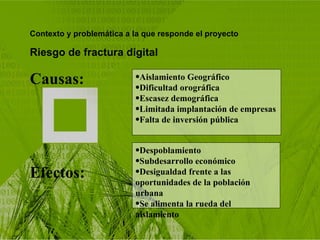 Contexto y problemática a la que responde el proyecto   Riesgo de fractura digital   Causas: Aislamiento Geográfico Dificultad orográfica Escasez demográfica Limitada implantación de empresas Falta de inversión pública Efectos: Despoblamiento Subdesarrollo económico Desigualdad frente a las oportunidades de la población urbana Se alimenta la rueda del aislamiento 