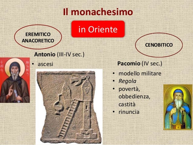 Il monachesimo in OrienteEREMITICO ANACORETICO CENOBITICO Antonio (III-IV sec.) Pacomio (IV sec.)• ascesi • modello milita...